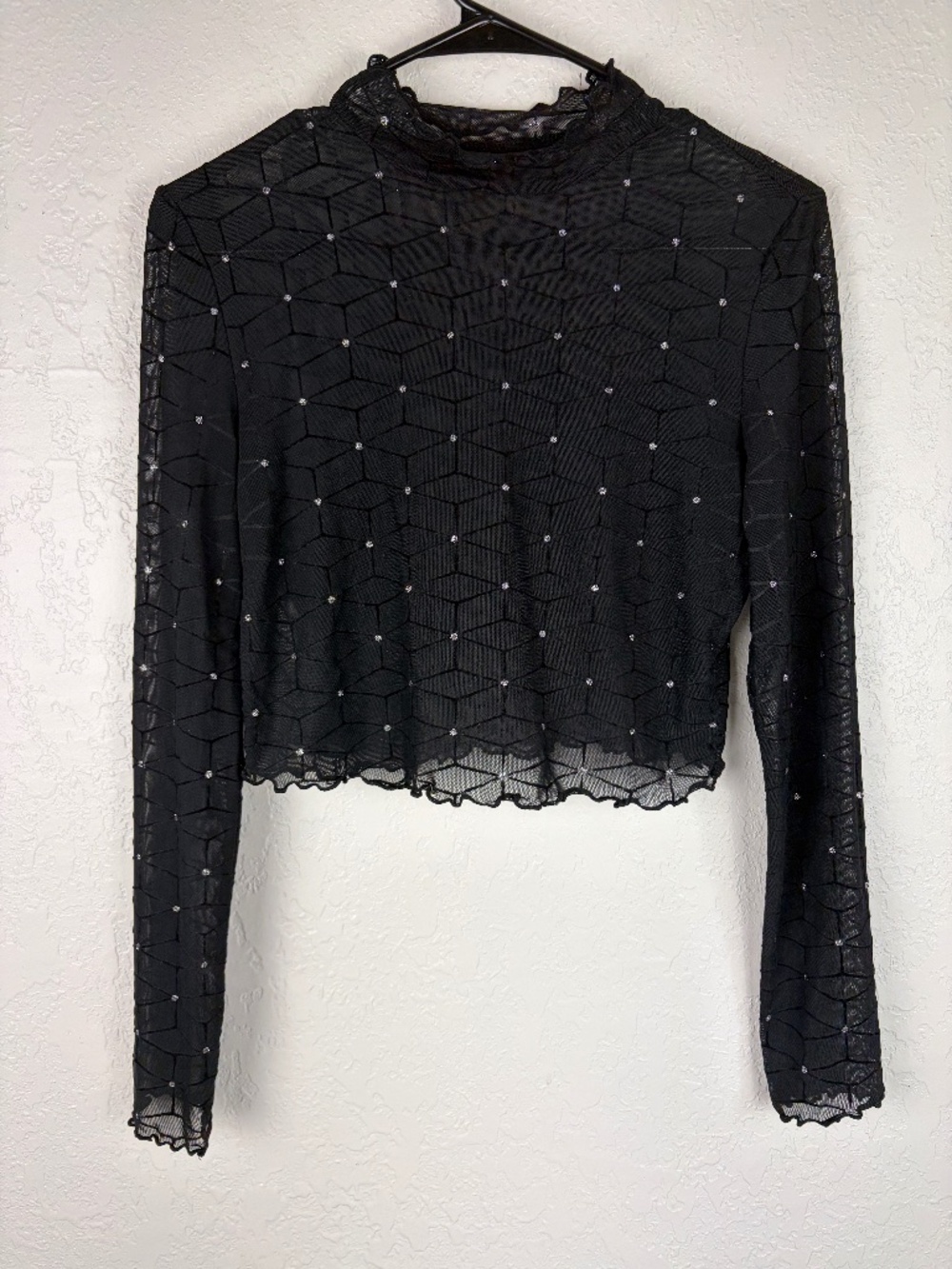 SHEIN Women’s Mesh Top Whimsigoth Gothic Geometric Long Sleeve Black
